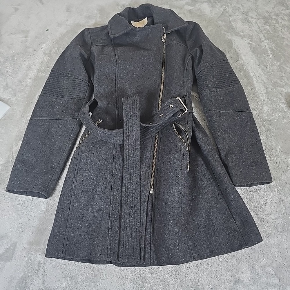 Michael Kors Coat Womens Small Gray Wool‎ Asymmetrical Belted Walker Casual